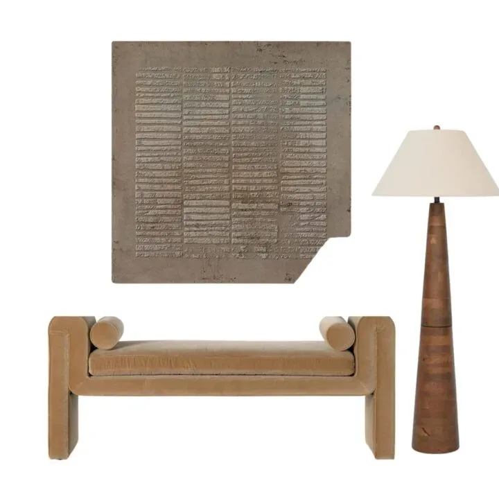 Mood board: the textured square art panel with a tan velvet bolster bench and a wooden lamp