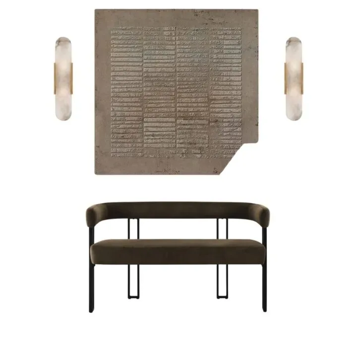 Mood board: the art panel between alabaster sconces above a dark olive metal-framed bench