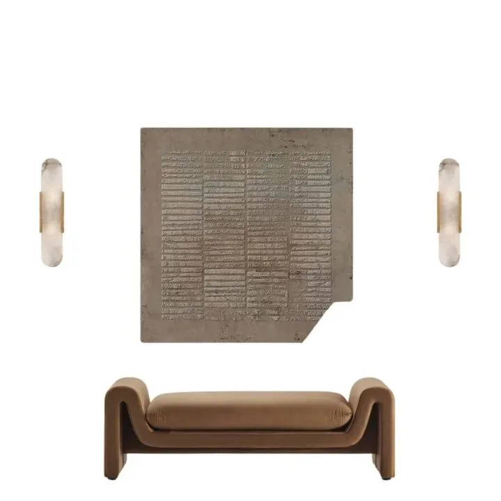 Mood board: the art panel and alabaster sconces above a curved tan velvet bench