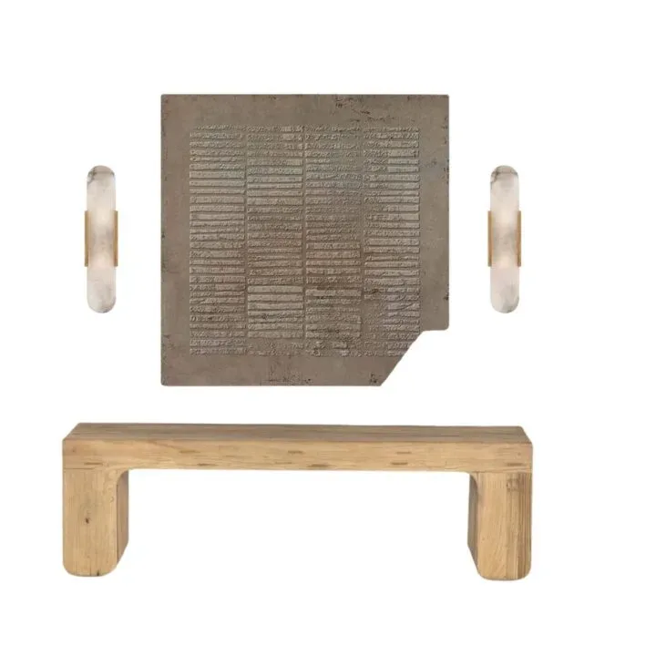 Mood board: the art panel and alabaster sconces above a light oak plank bench
