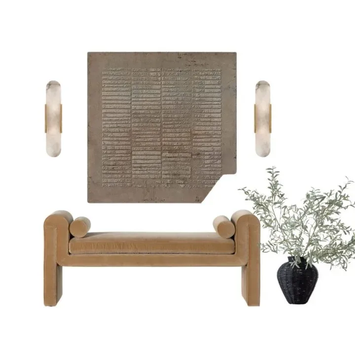 Mood board: the art panel and sconces above a tan bench with a black vase of olive branches