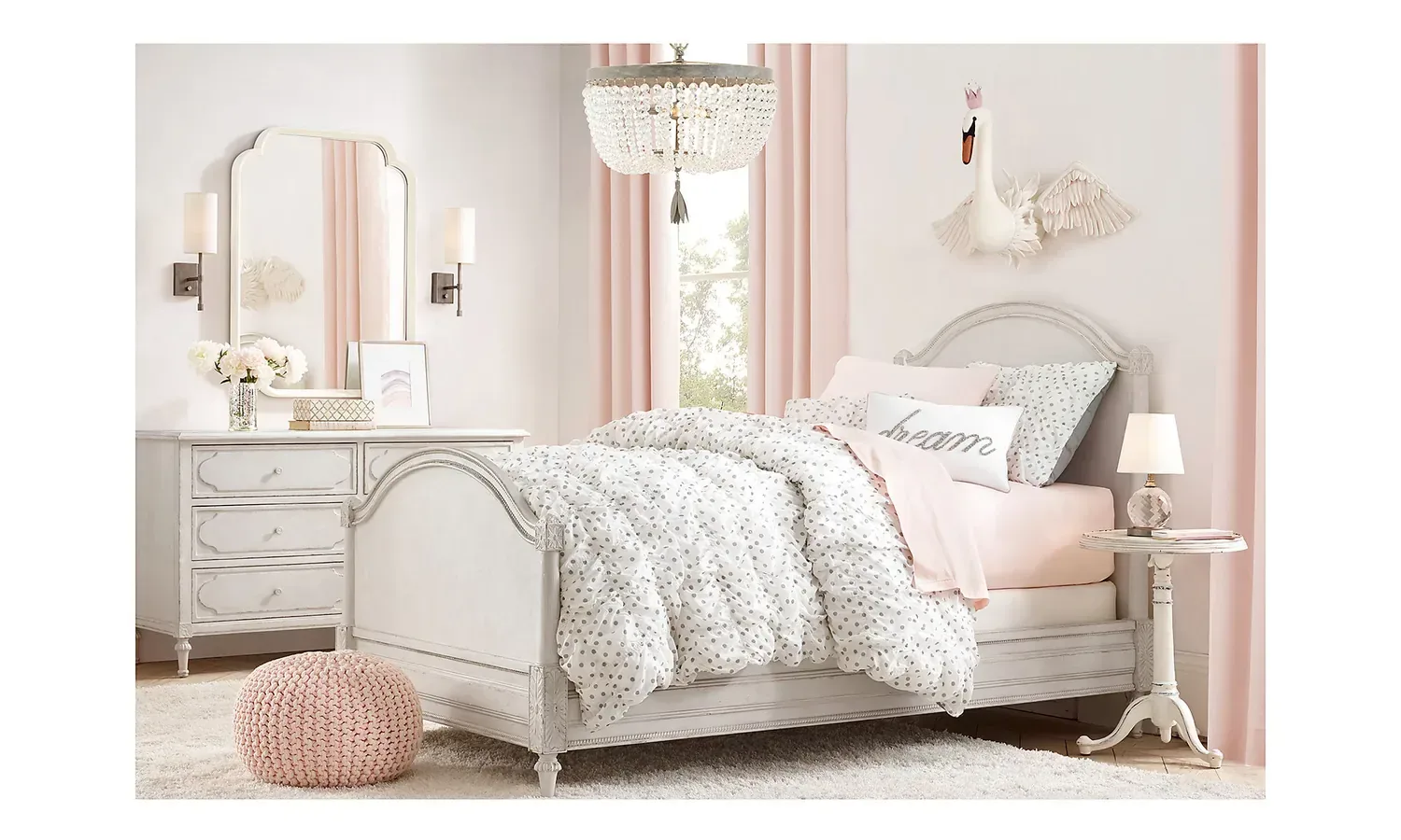 Inspiration: a pale grey girl's bed and dresser with pink curtains and a beaded chandelier