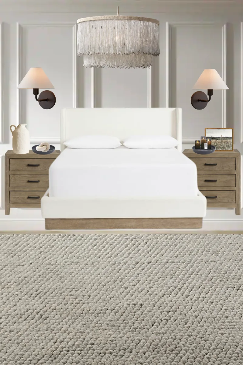 A Canva mood board for a bedroom: a white upholstered bed between oak nightstands, linen-shaded wall sconces, a fringed chandelier and a chunky wool rug