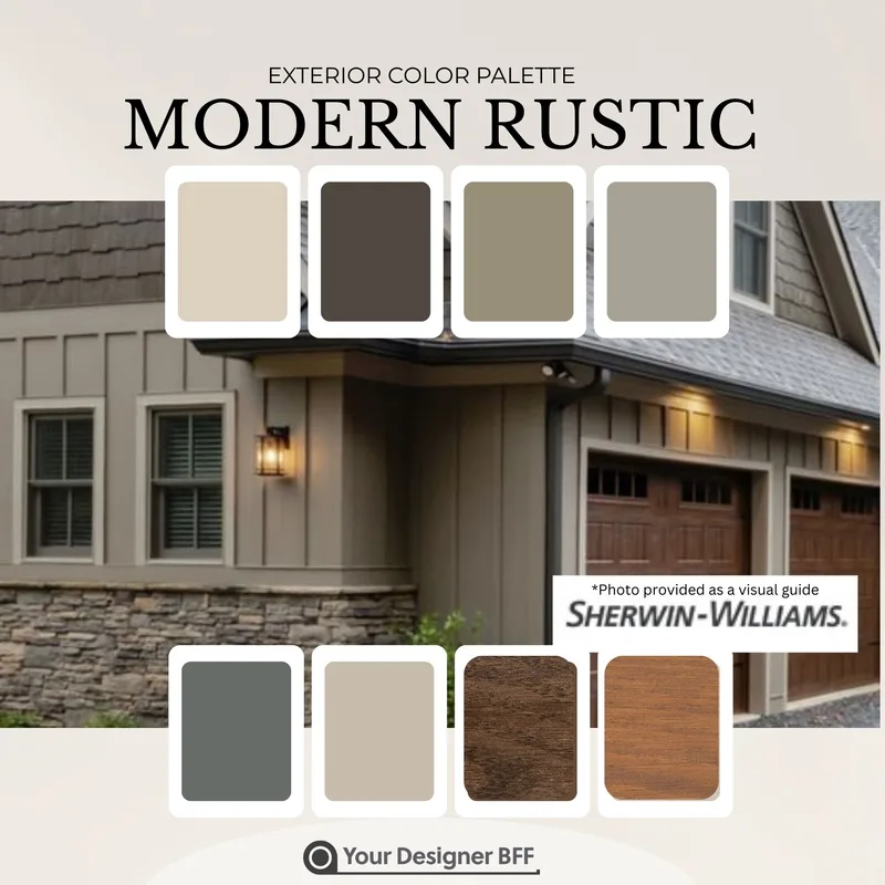 Modern Rustic exterior color palette: six Sherwin-Williams paint colors and two wood tones over a board-and-batten house with a stone base and wooden garage doors