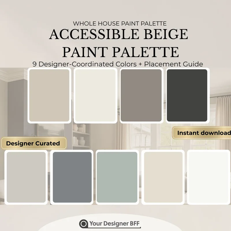 Accessible Beige whole-house paint palette: nine designer-coordinated Sherwin-Williams colors over a soft beige living room