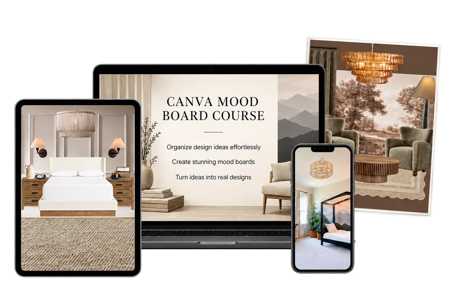 The Canva Mood Board Course on a tablet, a laptop and a phone, beside a printed living-room mood board