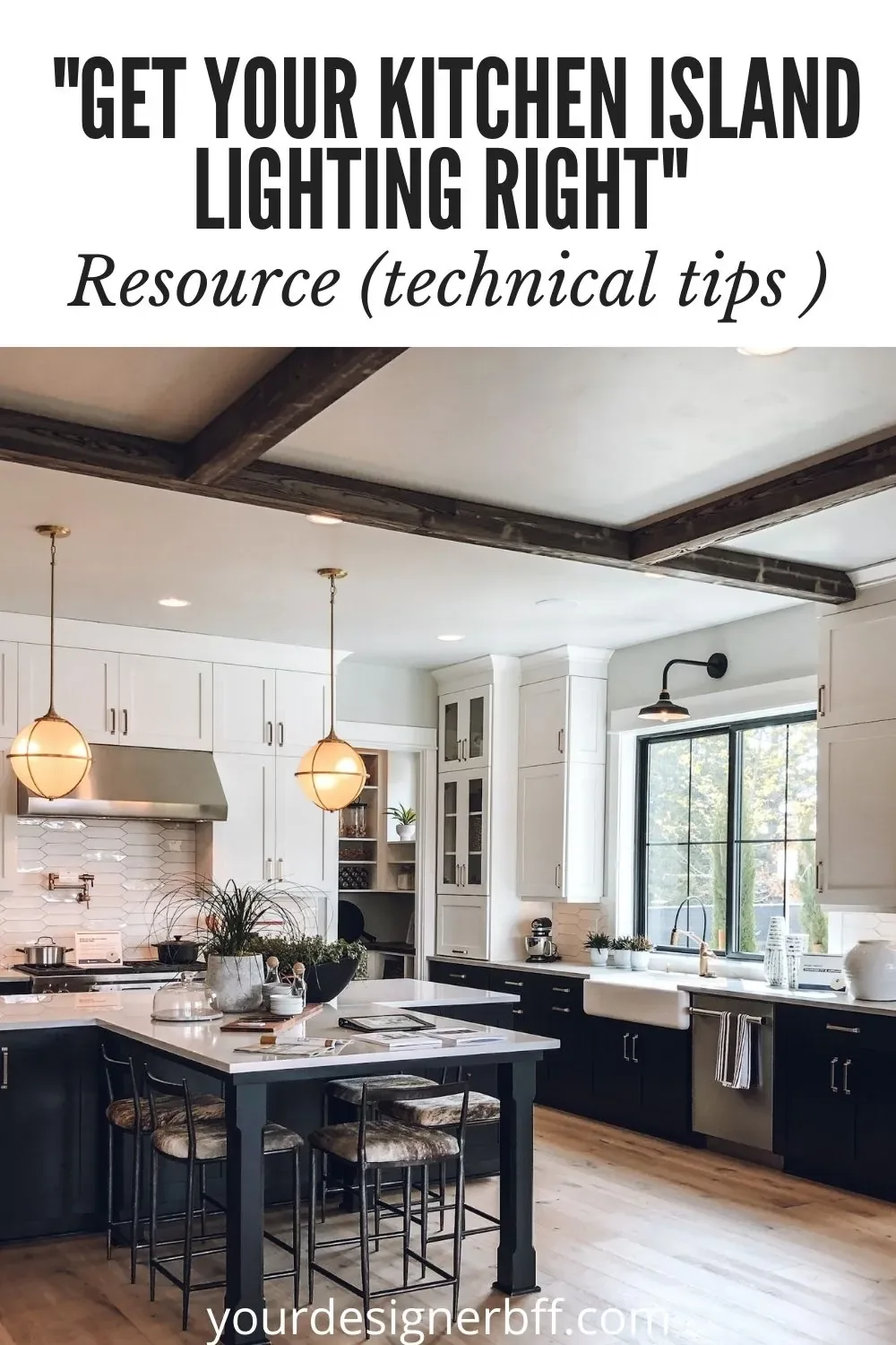 Pin graphic over a black and white kitchen with two brass globe pendants above the island