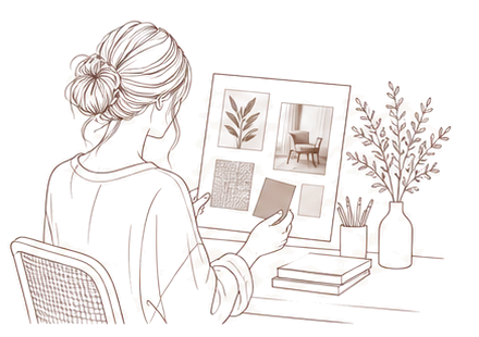 Line drawing of a woman at her desk arranging material samples on a mood board