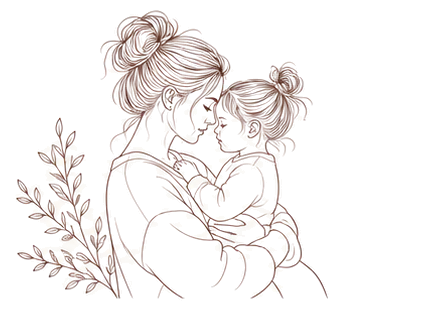 Line drawing of a mother holding her little daughter close