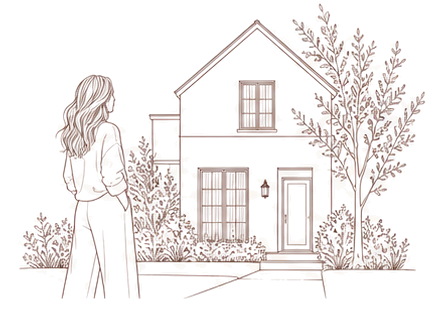 Line drawing of a woman looking at her house and garden