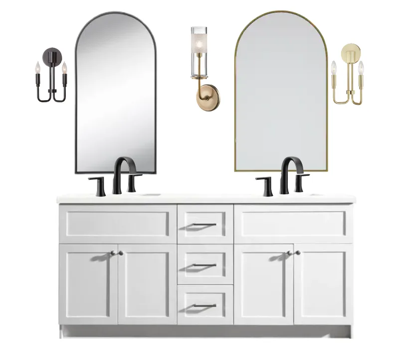 A Canva mood board for a girls’ bathroom: double white vanity, arched mirrors and brass sconces