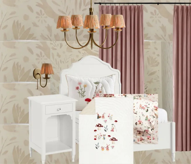 A Canva mood board for a girl’s bedroom: floral wallpaper, rose velvet curtains, a scalloped white bed
