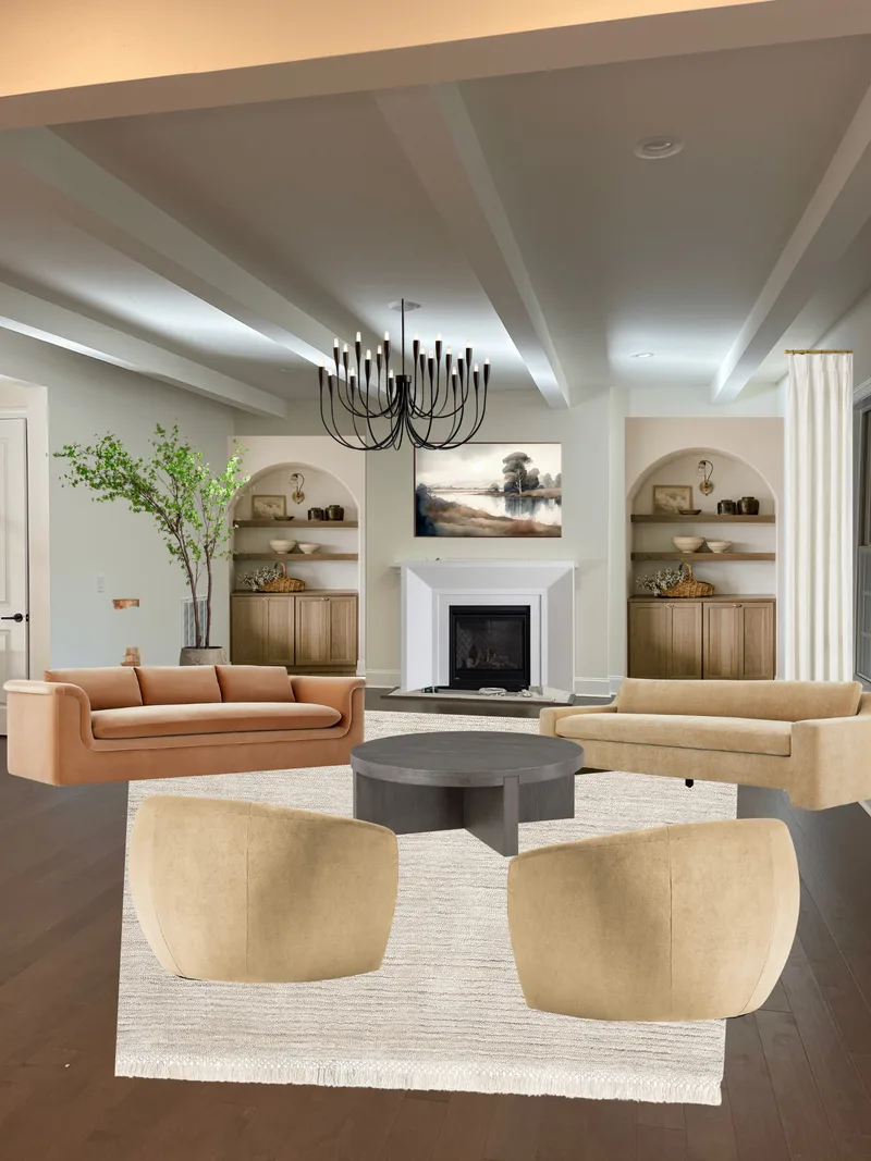 A living room design made in Canva: beamed ceiling, arched built-ins, caramel sofas and boucle chairs