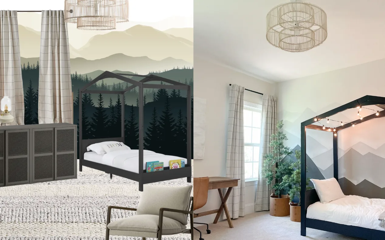 A Canva mood board for a child’s bedroom beside the finished room: woven pendant, windowpane curtains, a black canopy bed and a mountain mural