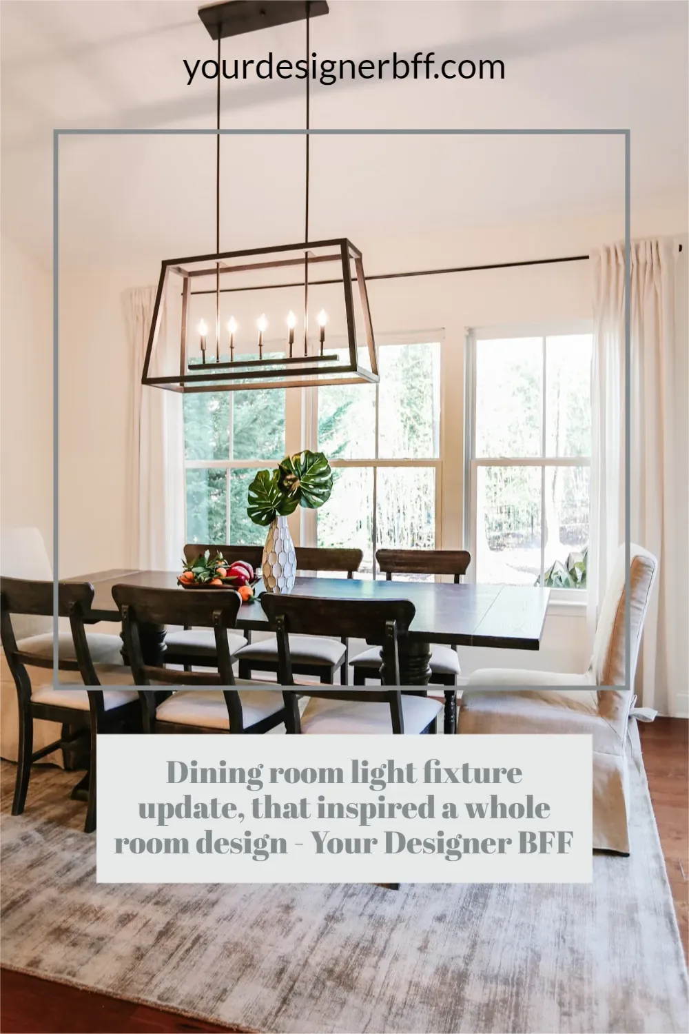 Pin graphic: the lantern chandelier hanging over the dining table after the update