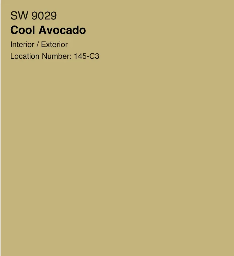 Sherwin-Williams Cool Avocado SW 9029, a muted olive-gold paint swatch