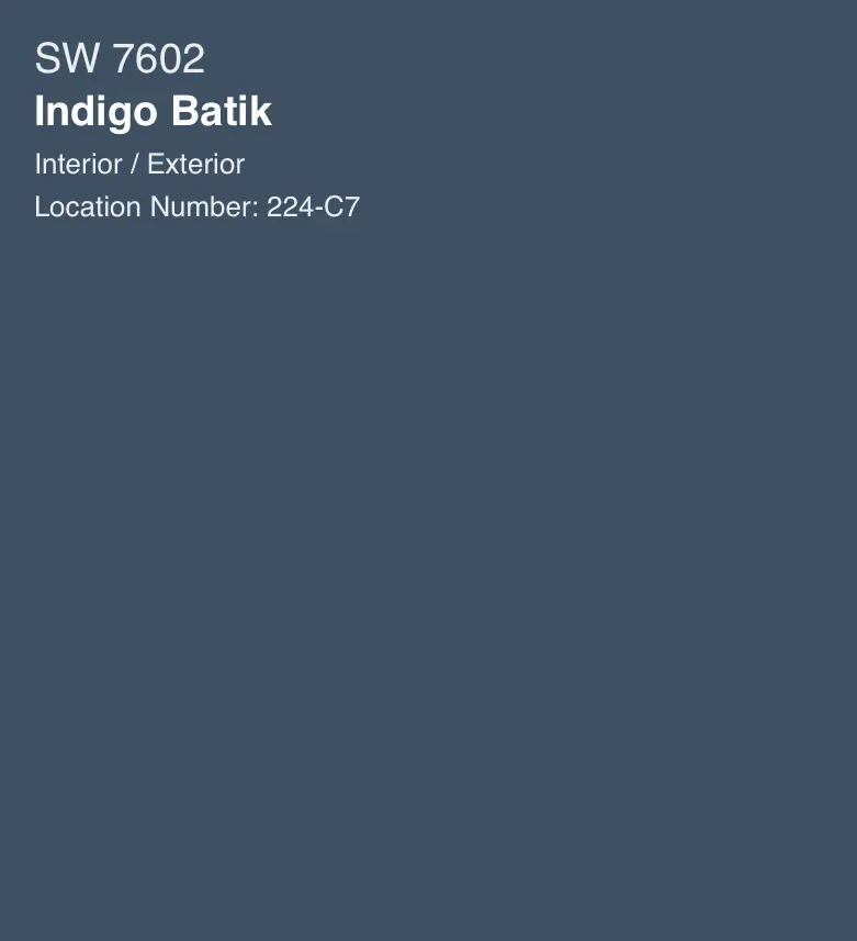 Sherwin-Williams Indigo Batik SW 7602, a deep muted navy paint swatch
