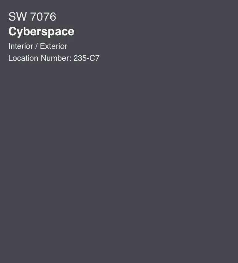 Sherwin-Williams Cyberspace SW 7076, a dark charcoal blue paint swatch
