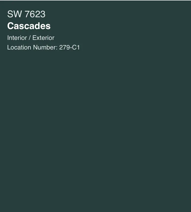 Sherwin-Williams Cascades SW 7623, a deep forest green paint swatch