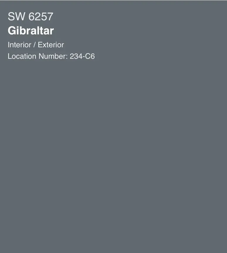 Sherwin-Williams Gibraltar SW 6257, a deep blue-grey paint swatch