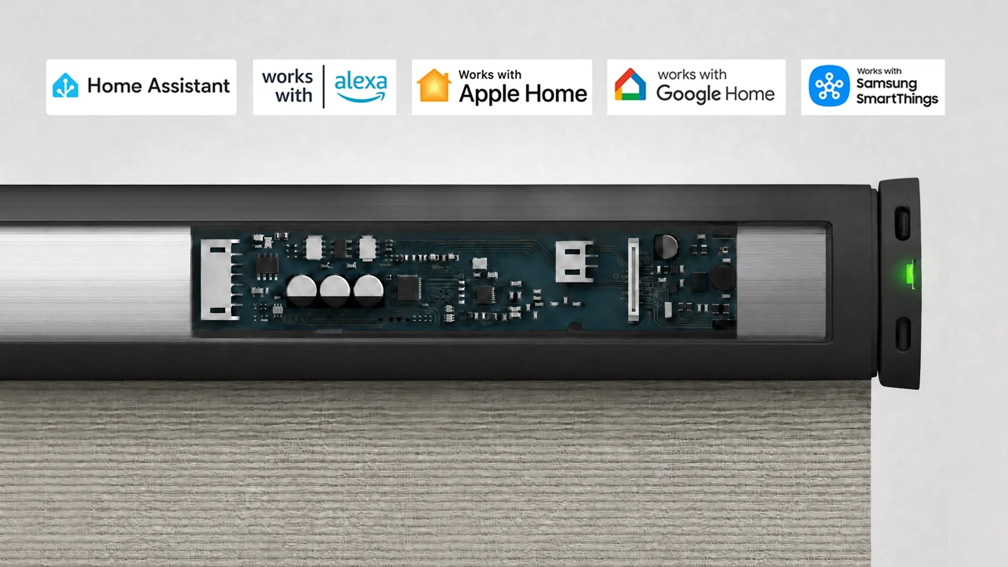 Freshine supplied smart motor graphic showing Apple Home, Alexa, Google Home, Samsung SmartThings, and Home Assistant logos