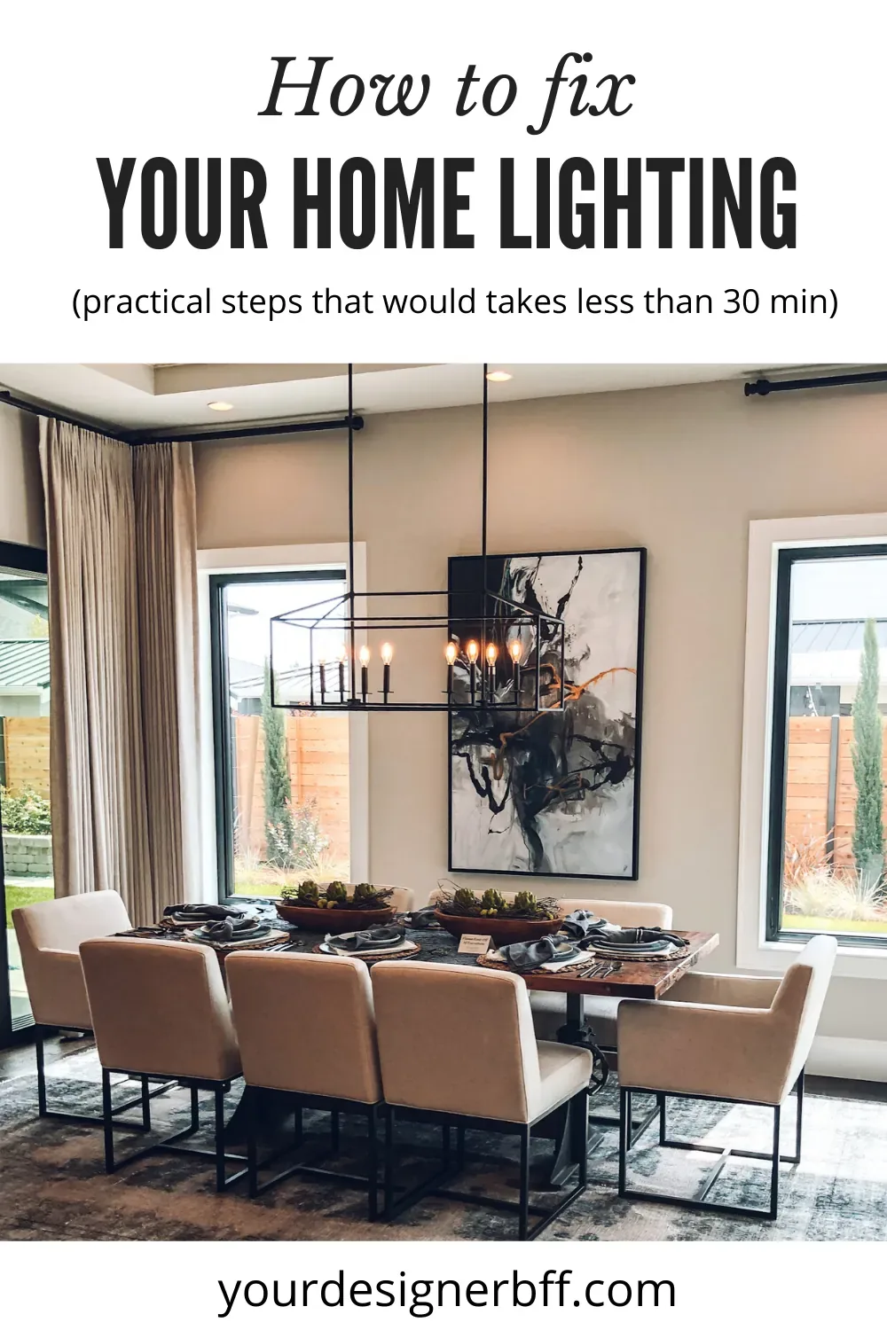Pin graphic over a dining room with a black lantern chandelier: how to fix your home lighting
