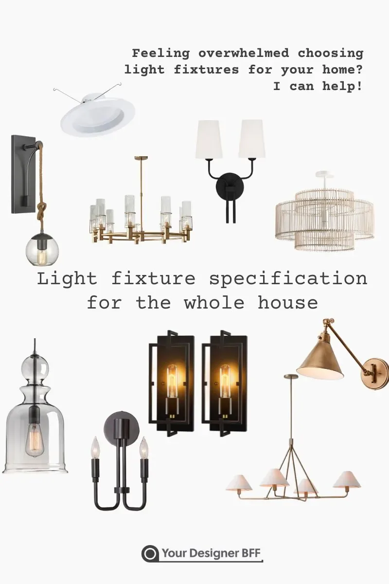 A grid of sconces, pendants and chandeliers, titled light fixture specification for the whole house