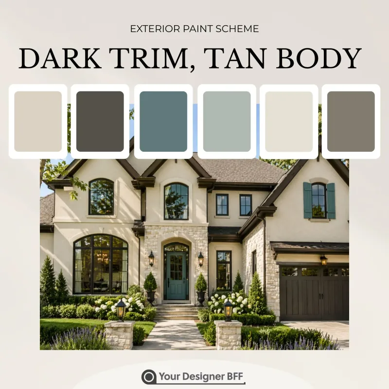 Dark trim and tan body exterior paint palette