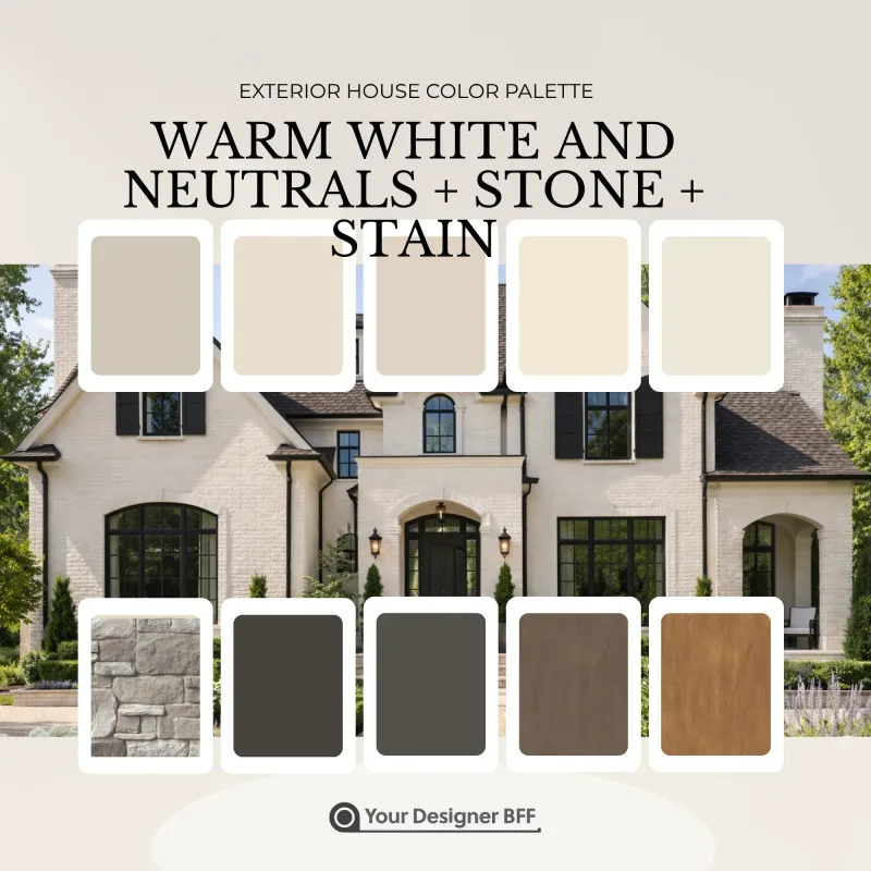 Warm white and neutral exterior paint palette, with stone and stain