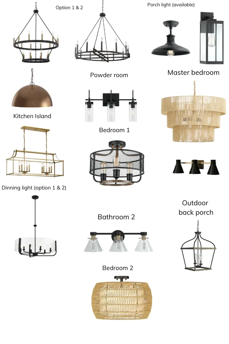 A board of the light fixtures chosen for the whole house, each one labelled by room