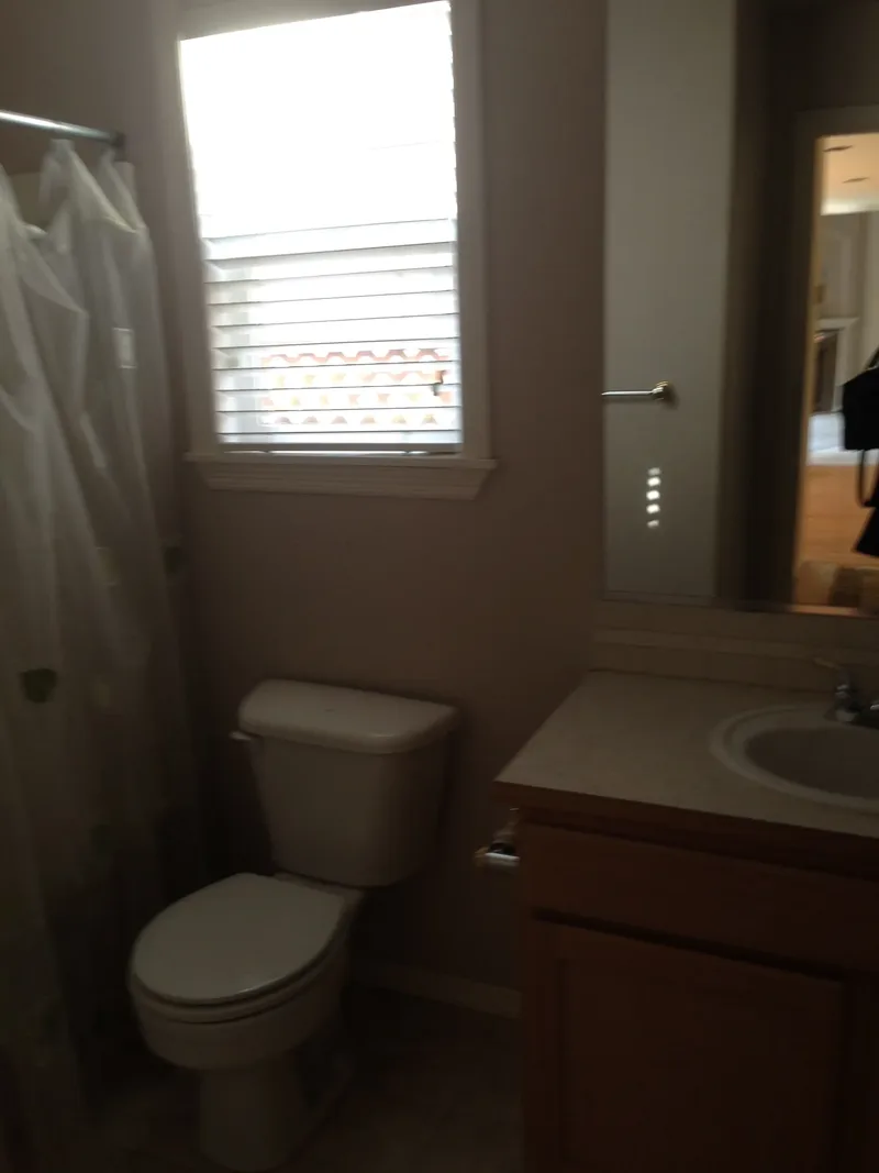 The old bathroom before work began, oak vanity with laminate top, shower curtain and a blinded window